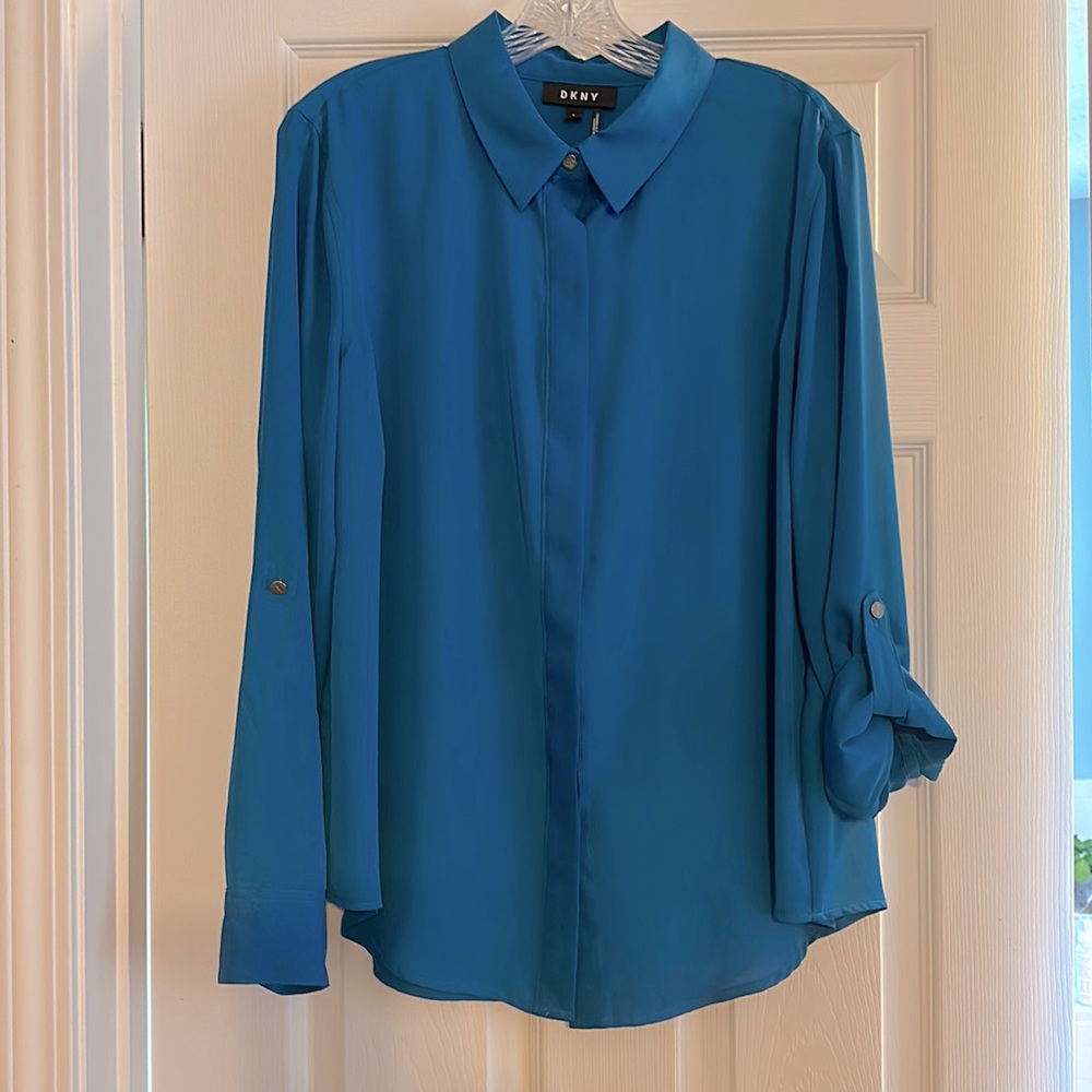 DKNY teal/blue blouse size L